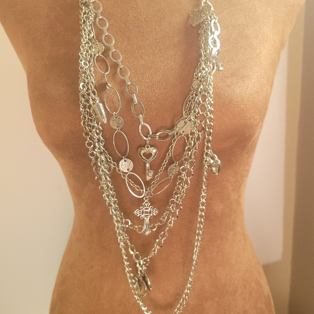 Silver Tone 5 Strand Layered Charm Necklace Cross Heart Key One Size Grunge - Picture 1 of 5